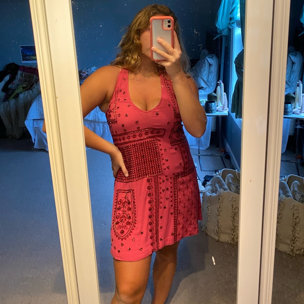 Pink beaded slight plunge dress with open back